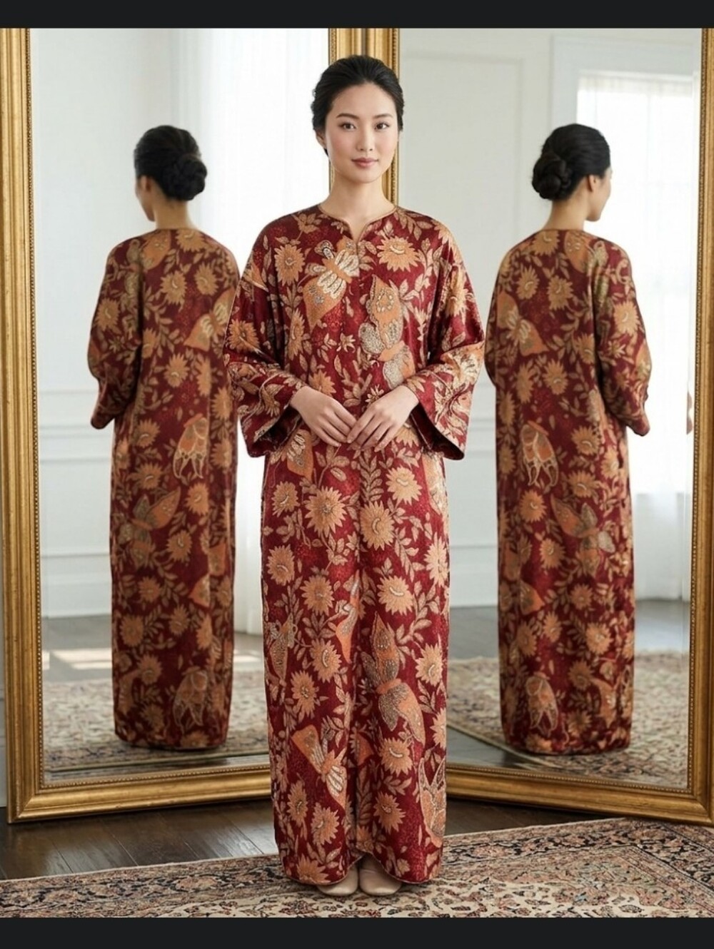 Asian floral silky caftan maxi dress M Sante